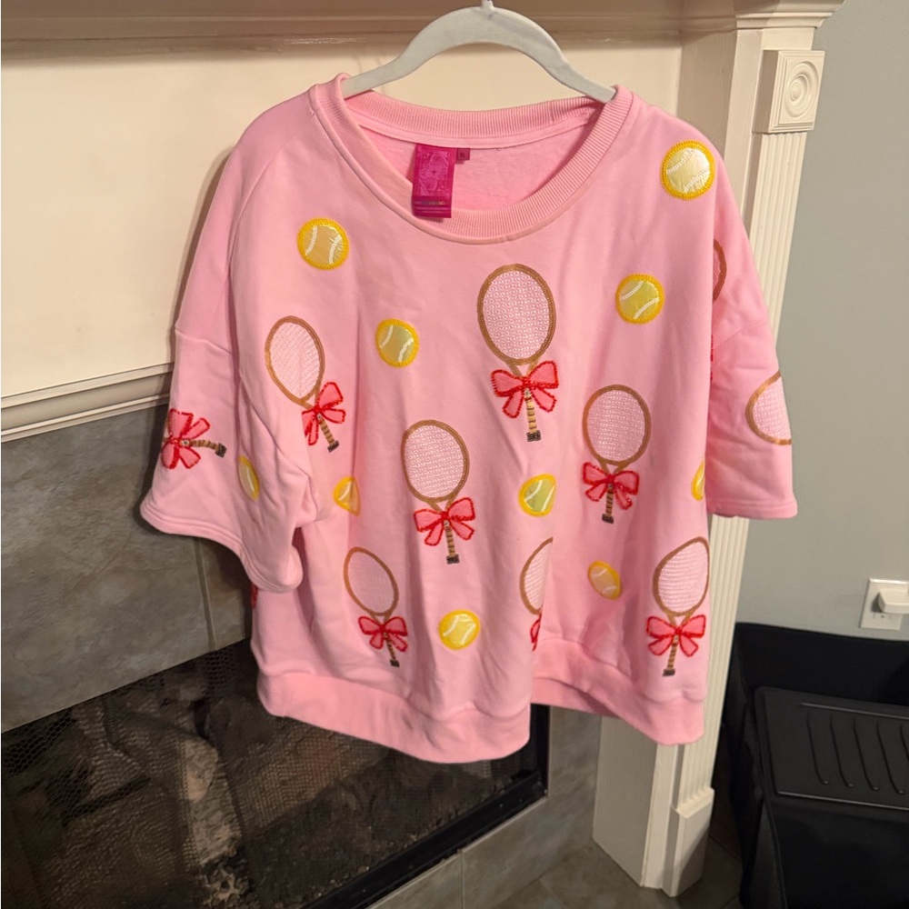 QUEEN OF SPARKLES Pink Embroidered Tennis Racket & Ball Sweater